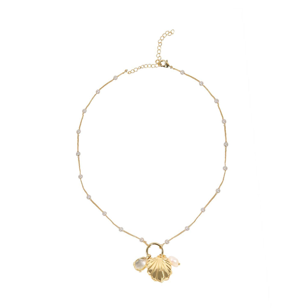 NECKLACE SHELL AND PEARL MULTICHARM 14K GOLD PLATED