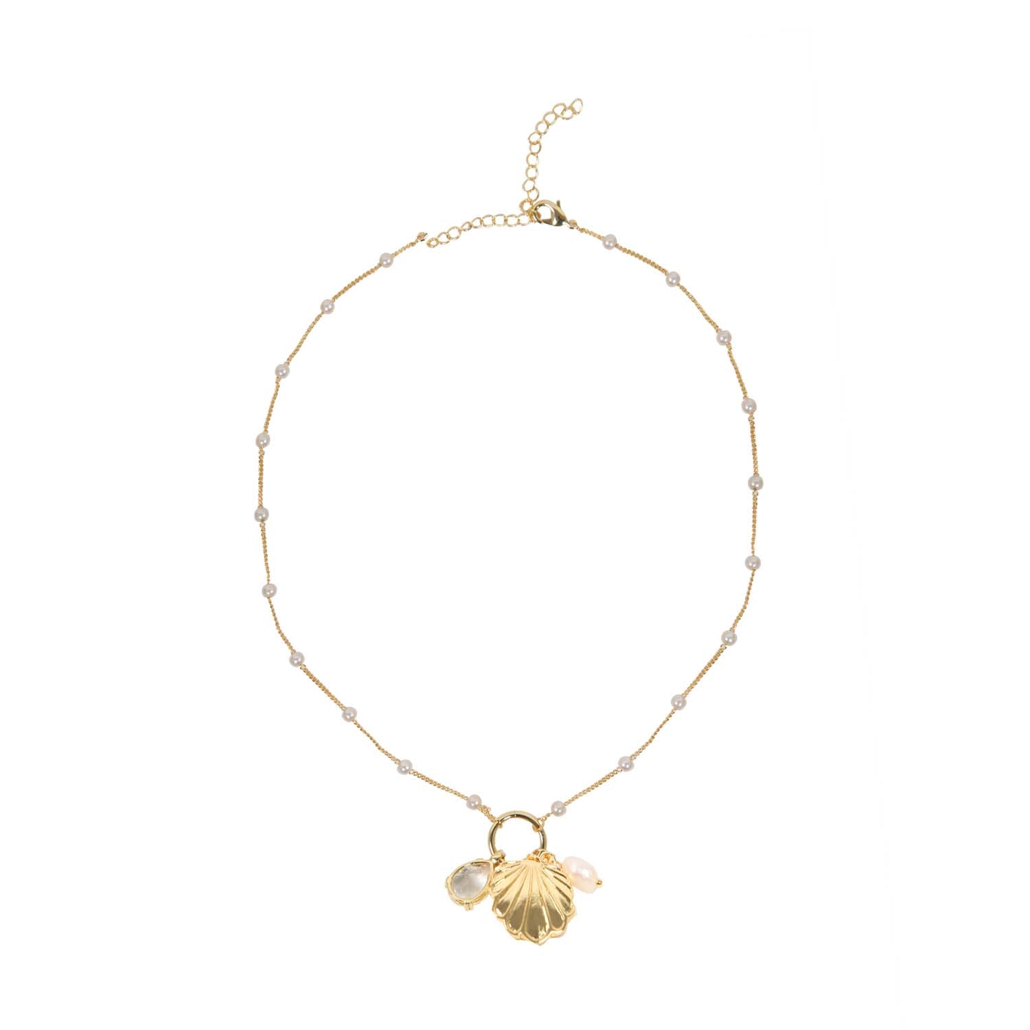 NECKLACE SHELL AND PEARL MULTICHARM 14K GOLD PLATED