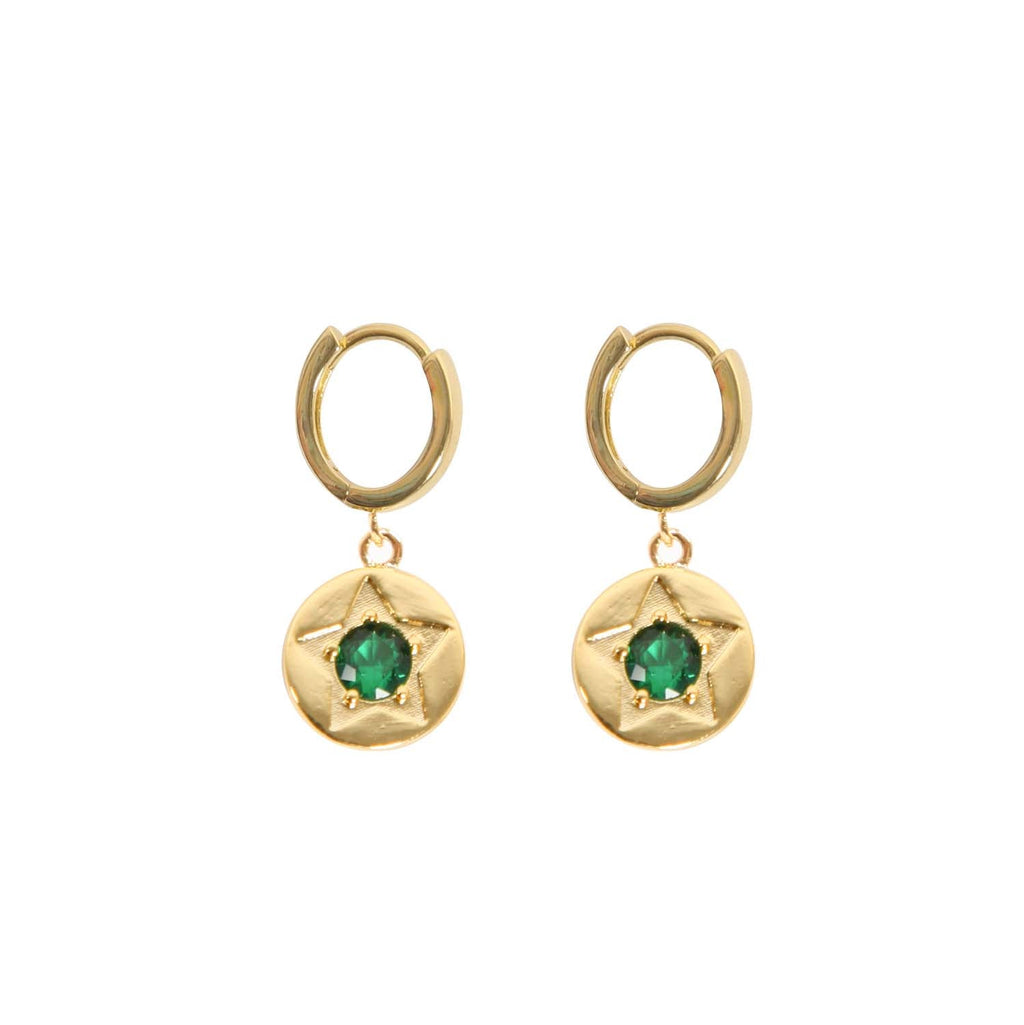 EARRING GREEN CRYSTAL STAR DETAIL GOLD PLATED