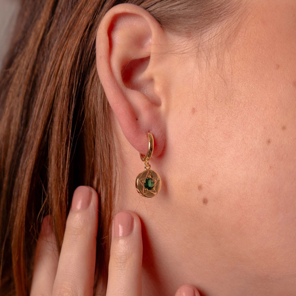 EARRING GREEN CRYSTAL STAR DETAIL GOLD PLATED