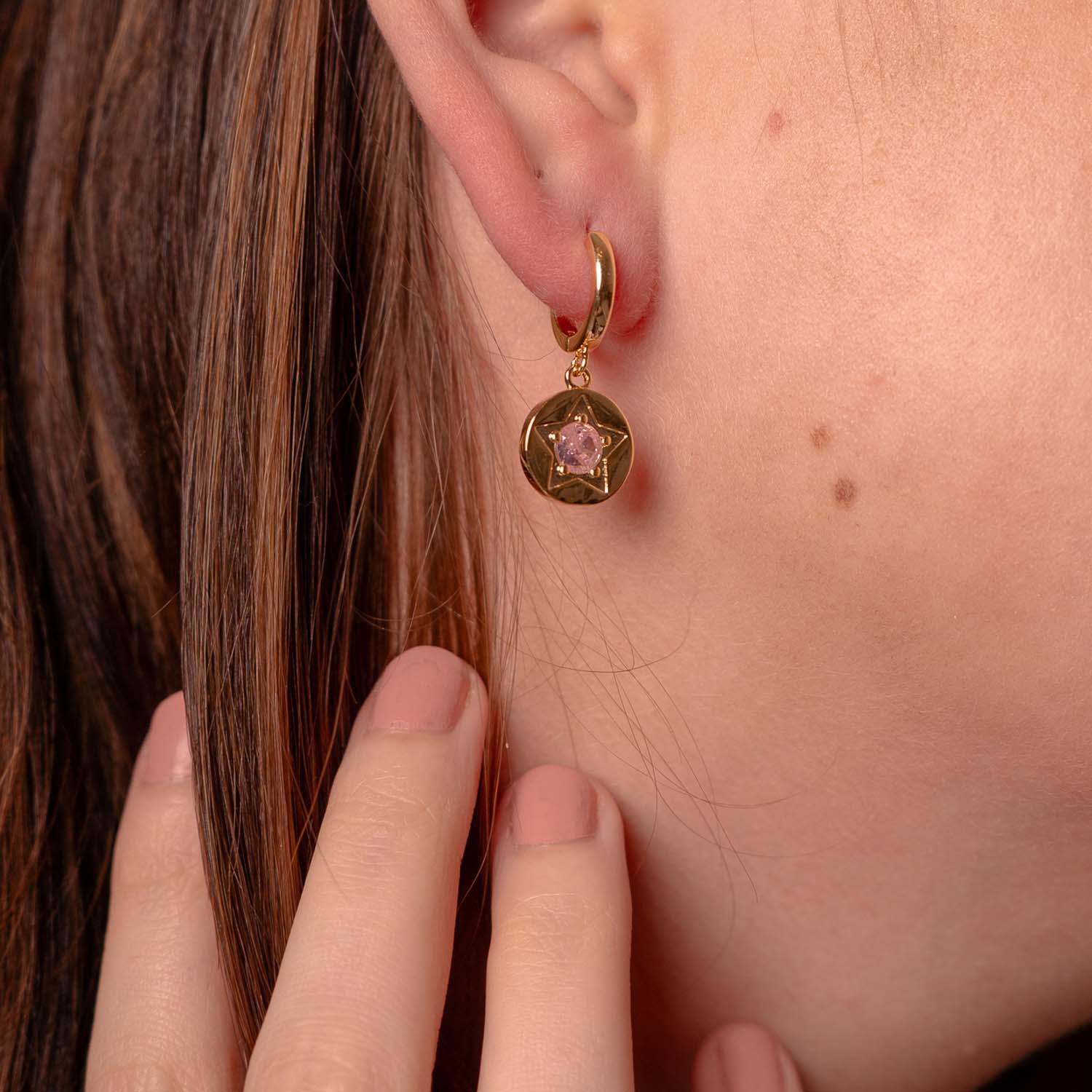 EARRING PINK CRYSTAL STAR DETAIL GOLD PLATED