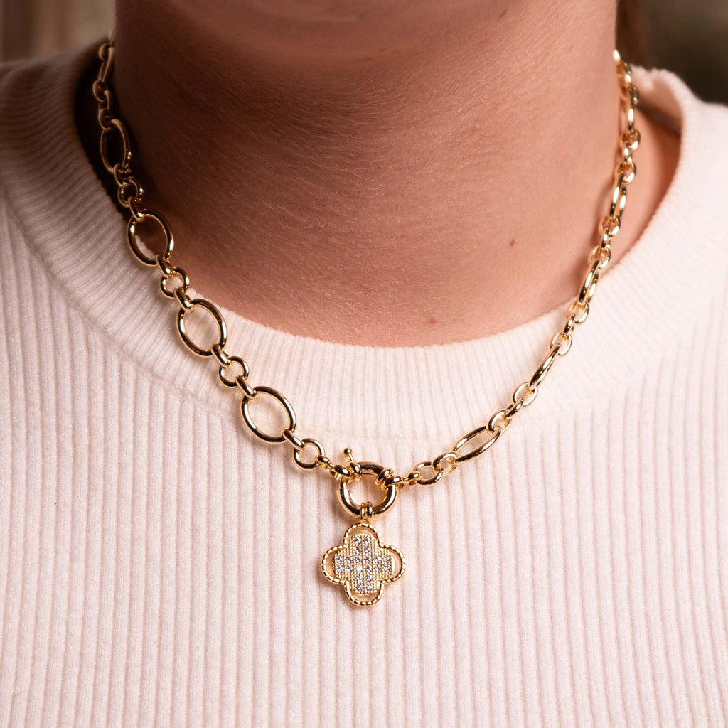 NECKLACE CHARM BUILDER + CLOVER CHARM 14K GOLD PLATED