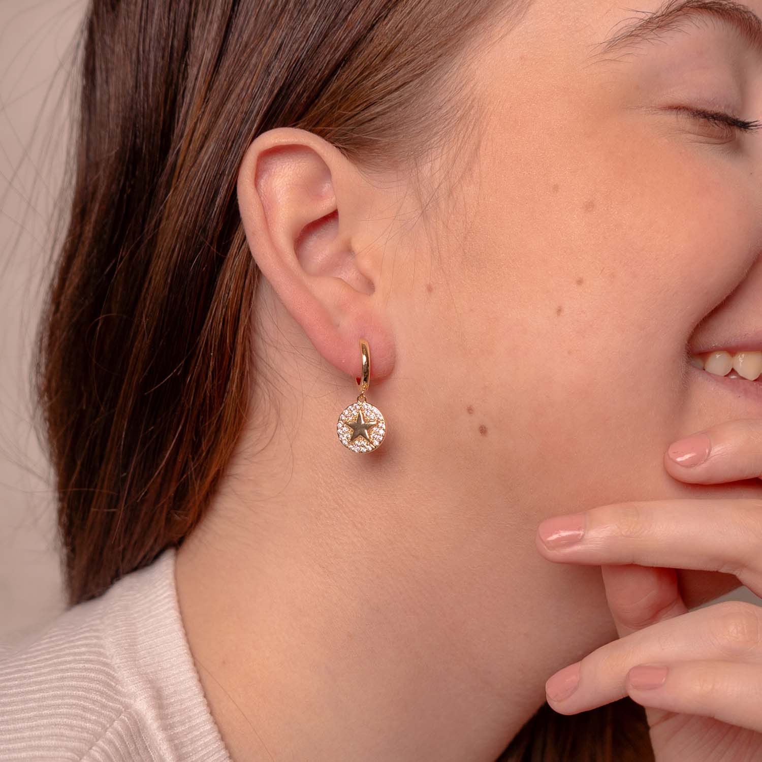 HOOP EARRINGS STAR CHARM 14K GOLD PLATED
