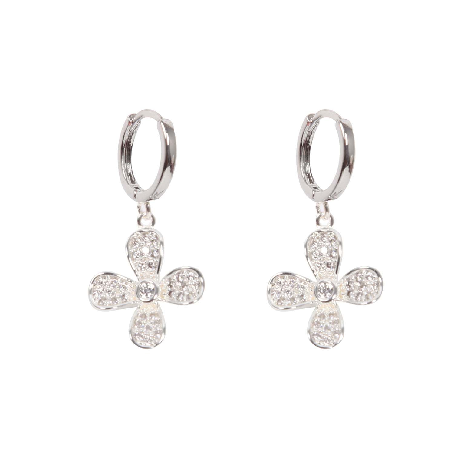 HOOP EARRINGS FLOWER CHARM SILVER PLATED