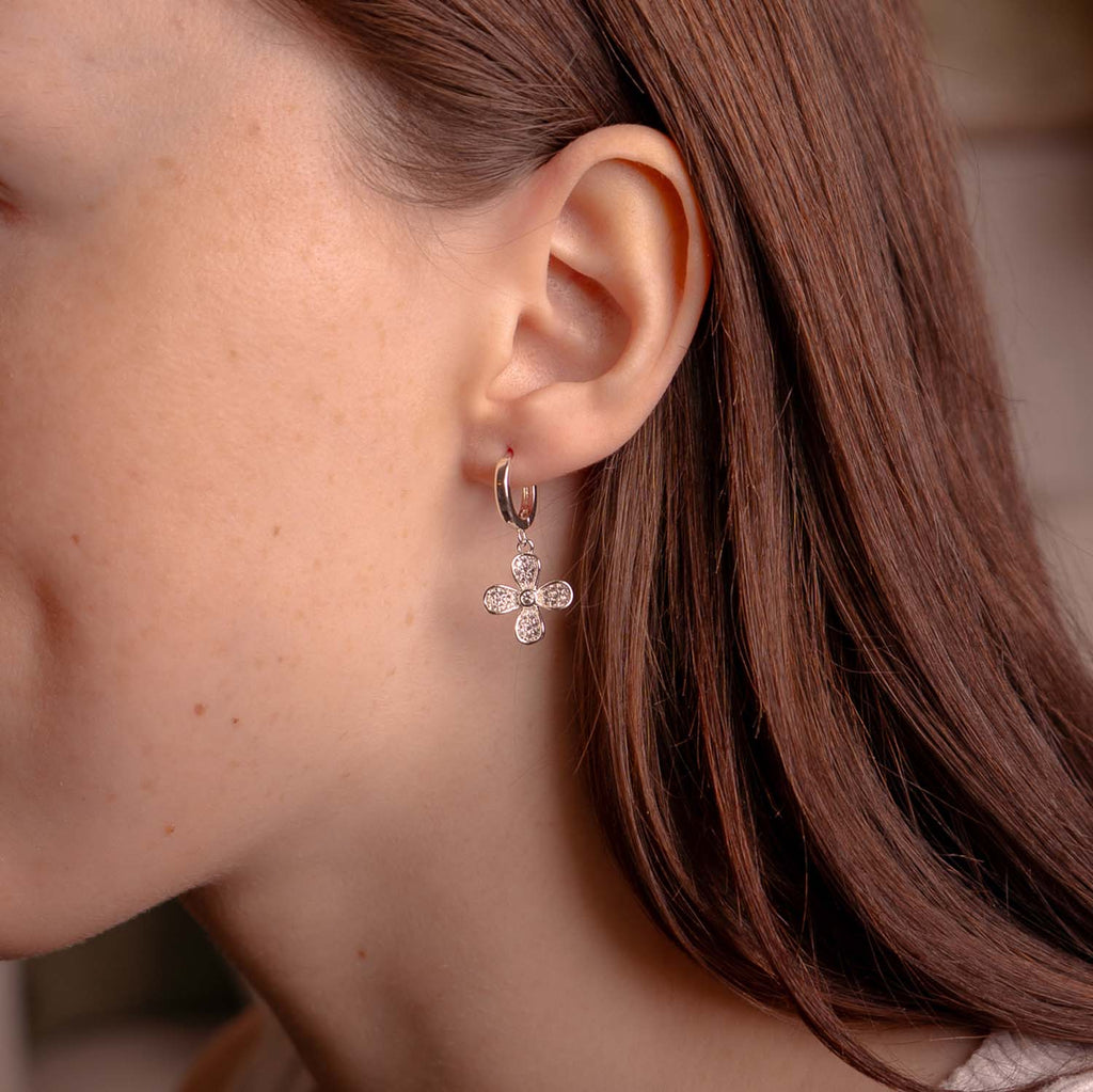 HOOP EARRINGS FLOWER CHARM SILVER PLATED