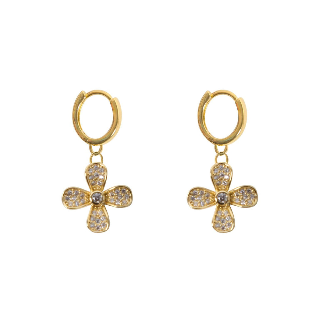HOOP EARRINGS FLOWER CHARM 14K GOLD PLATED
