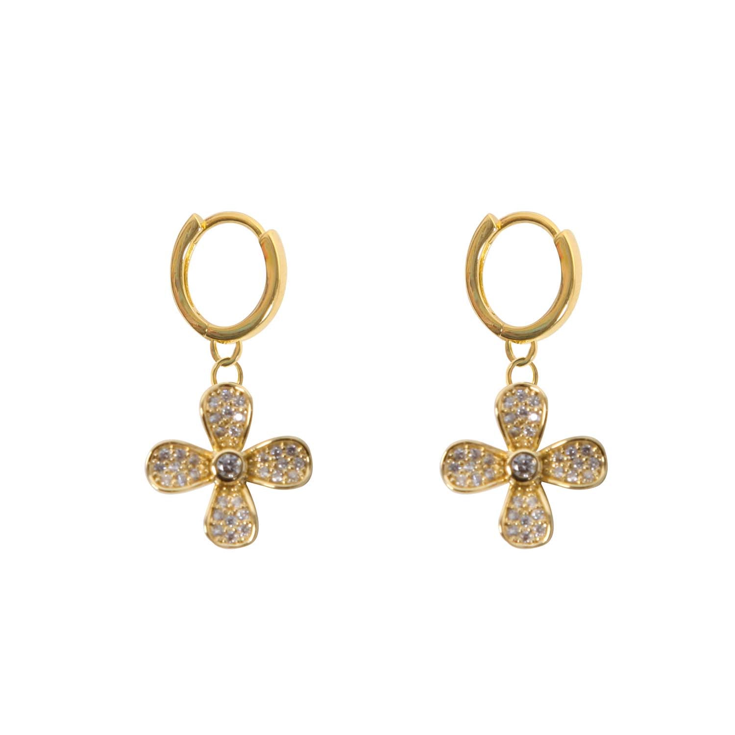 HOOP EARRINGS FLOWER CHARM 14K GOLD PLATED