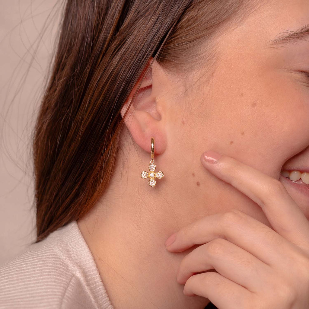 HOOP EARRINGS FLOWER CHARM 14K GOLD PLATED