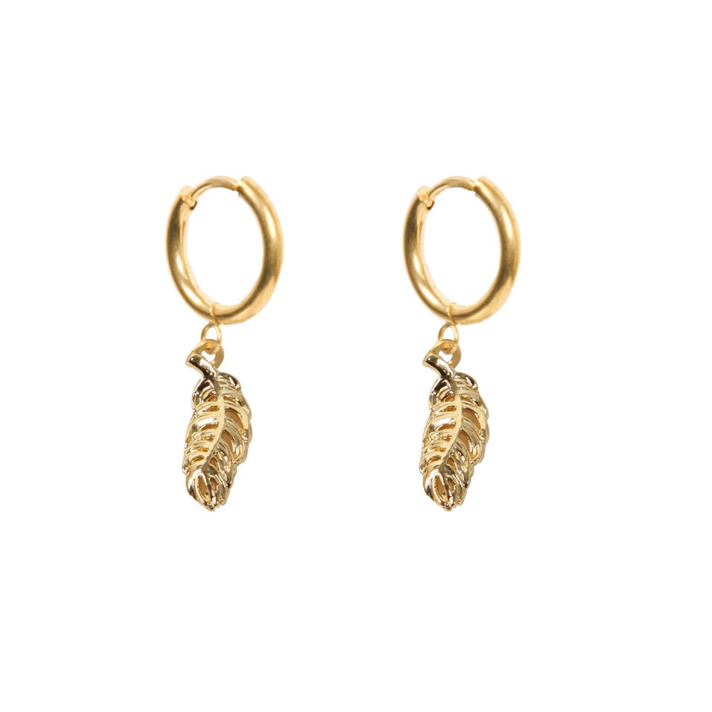 HOOP EARRING FEATHER CHARM 14K GOLD PLATED