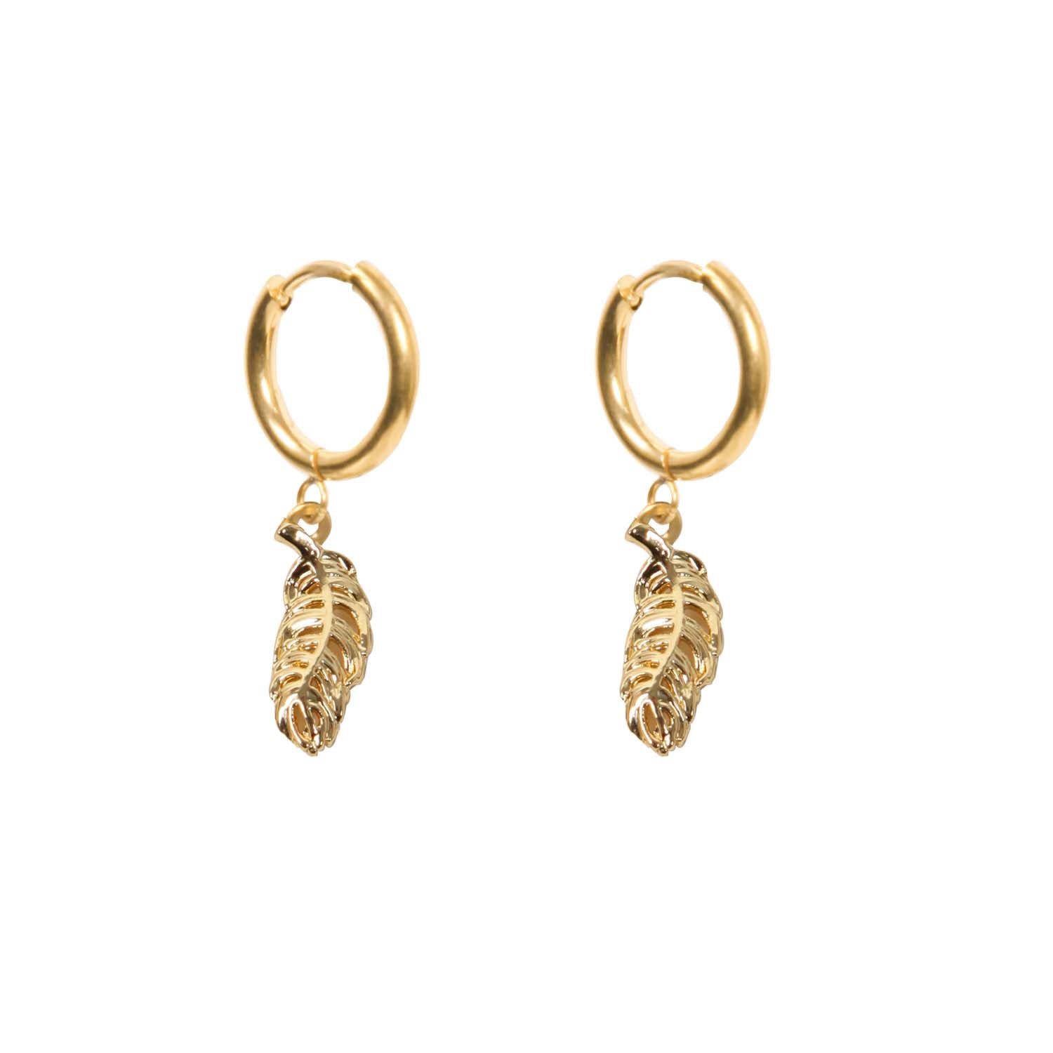 HOOP EARRING FEATHER CHARM 14K GOLD PLATED