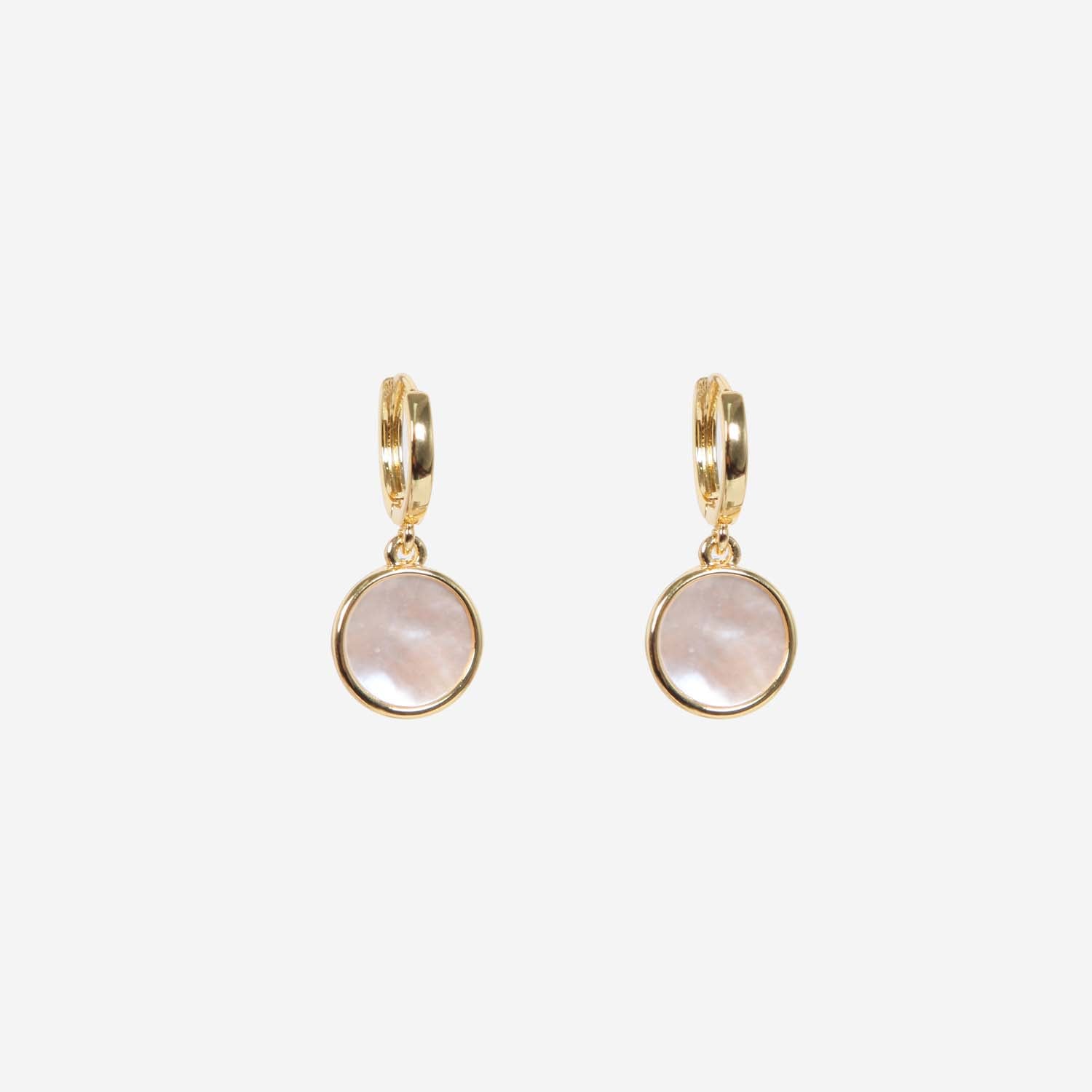 HOOP EARRING MOTHER OF PEARL DISC CHARM 14K GOLD PLATED