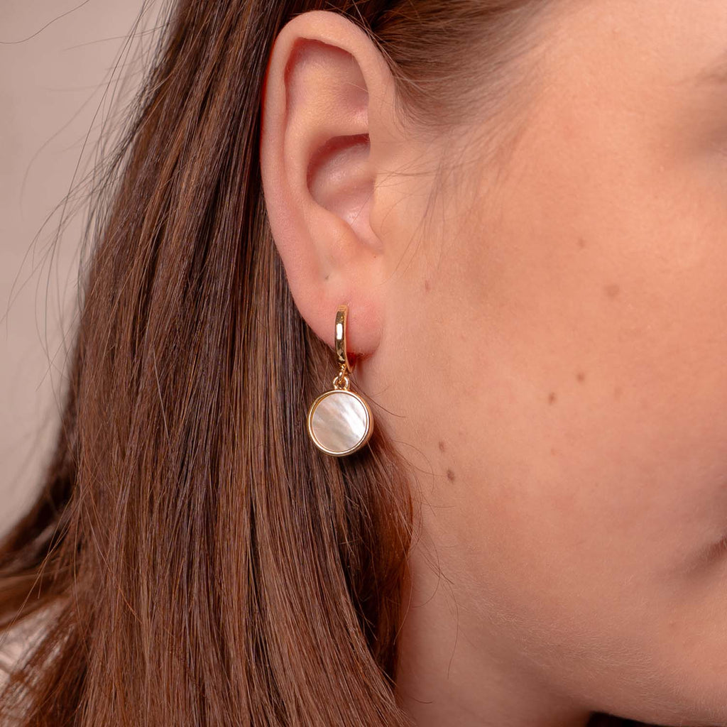 HOOP EARRING MOTHER OF PEARL DISC CHARM 14K GOLD PLATED