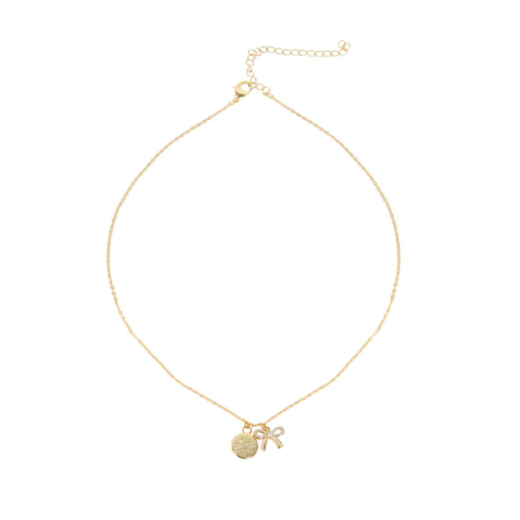 NECKLACE DOUBLE CHARM MOTHER OF PEARL + BOW 14K GOLD PLATED