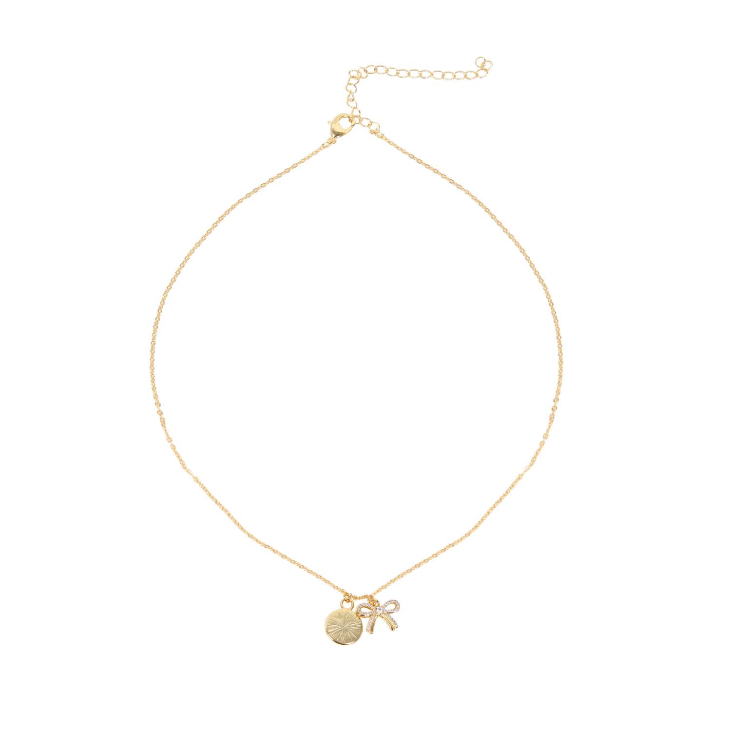 NECKLACE DOUBLE CHARM MOTHER OF PEARL + BOW 14K GOLD PLATED