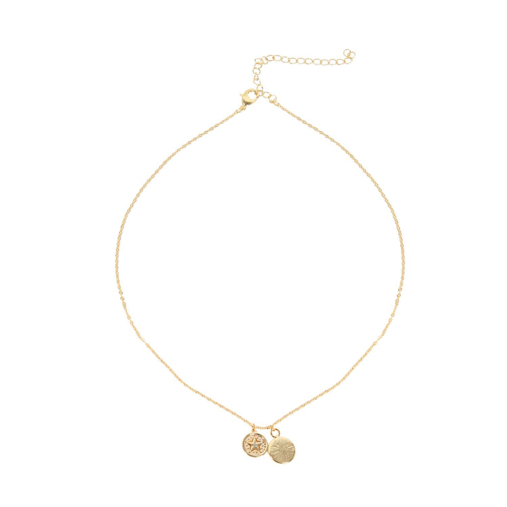NECKLACE DOUBLE CHARM MOTHER OF PEARL + STAR 14K GOLD PLATED