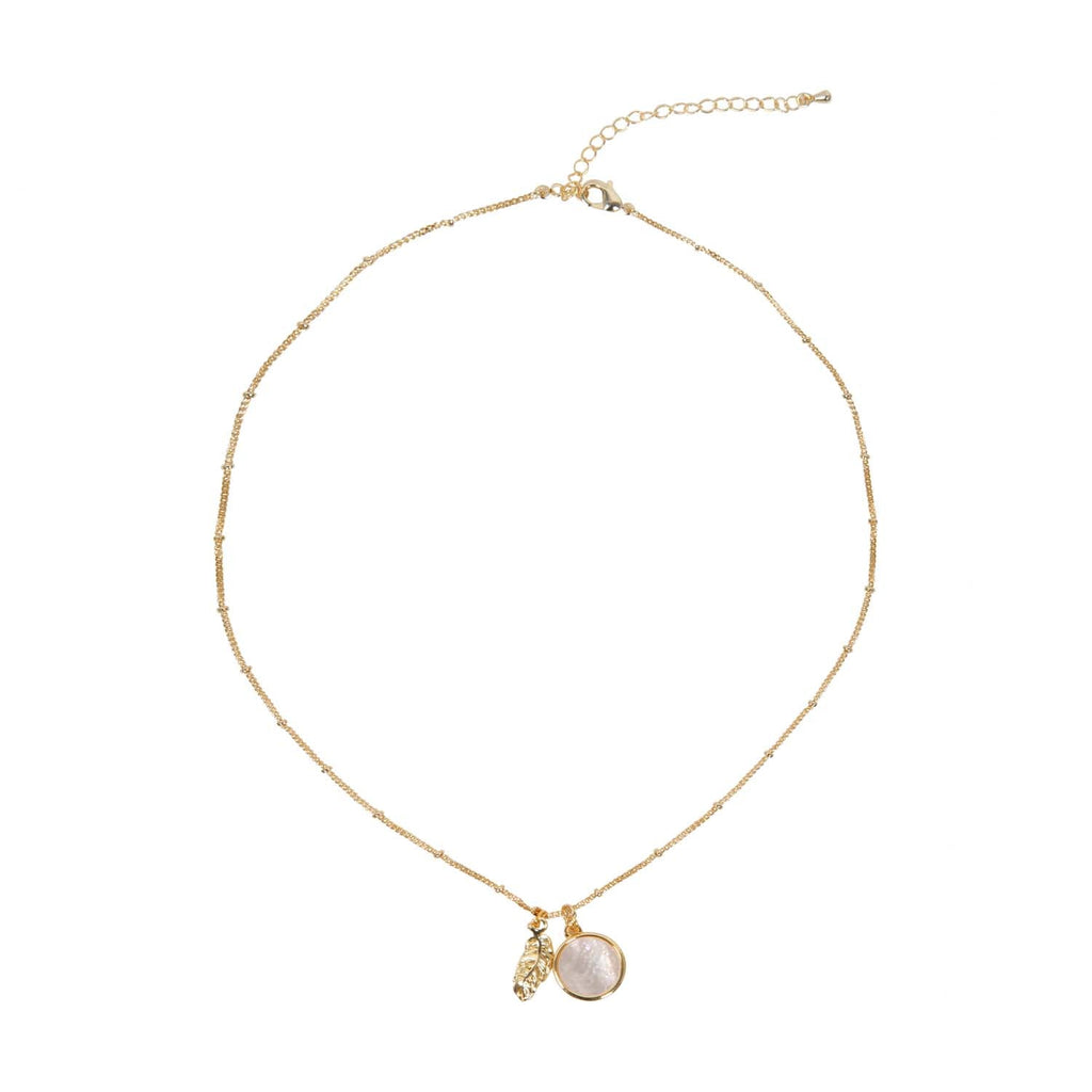 NECKLACE DOUBLE CHARM MOTHER OF PEARL + FEATHER 14K GOLD PLATED