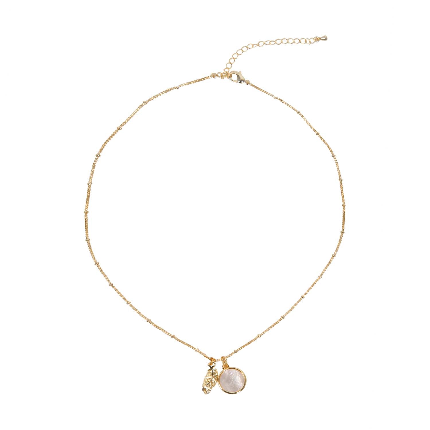 NECKLACE DOUBLE CHARM MOTHER OF PEARL + FEATHER 14K GOLD PLATED