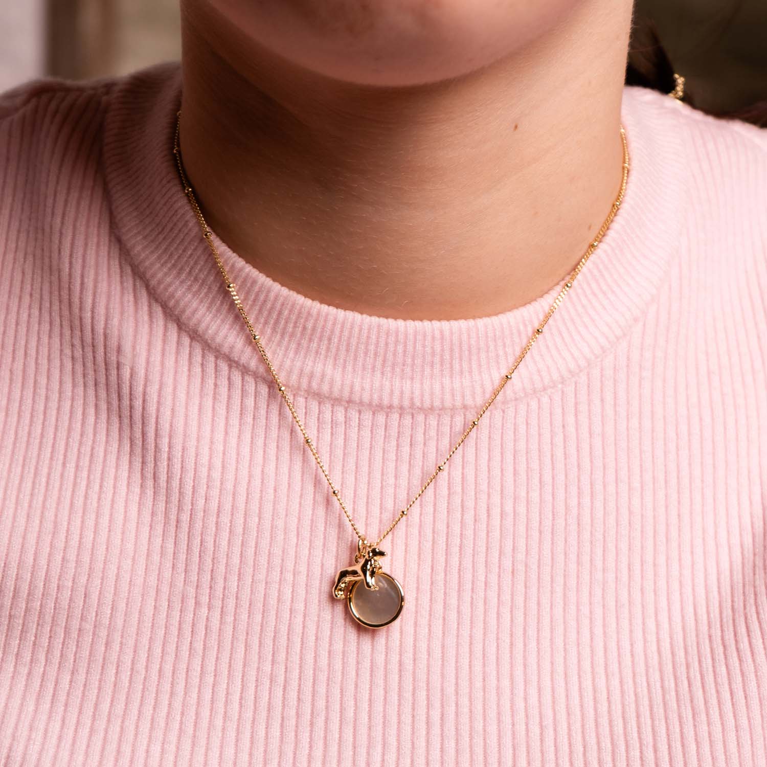 NECKLACE DOUBLE CHARM MOTHER OF PEARL + DOG 14K GOLD PLATED