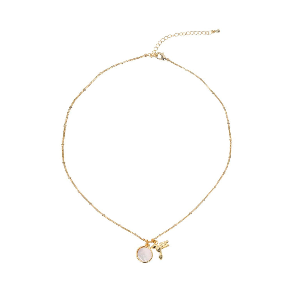 NECKLACE DOUBLE CHARM MOTHER OF PEARL + HUMMINGBIRD 14K GOLD PLATED
