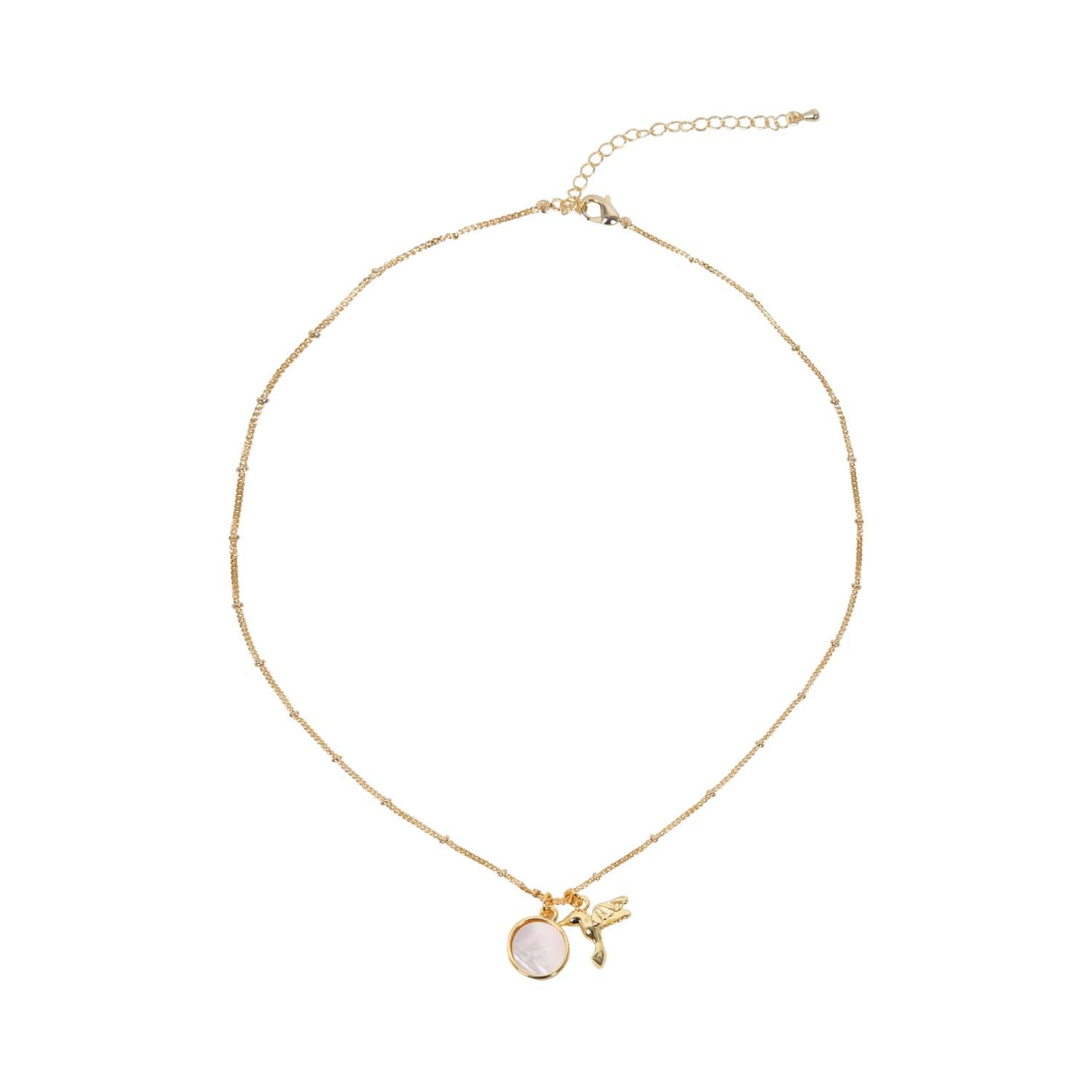 NECKLACE DOUBLE CHARM MOTHER OF PEARL + HUMMINGBIRD 14K GOLD PLATED