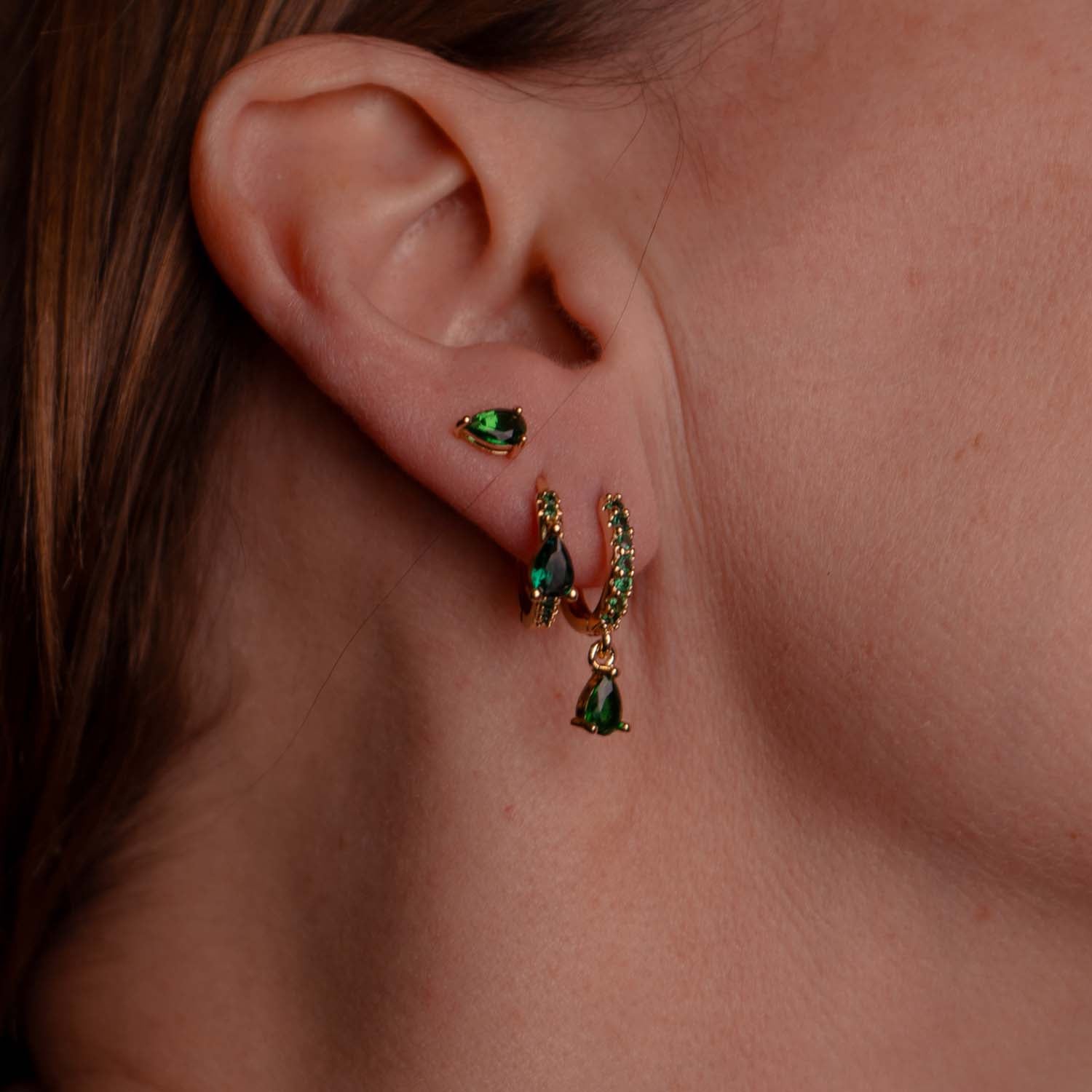 EVERYDAY EAR PARTY TEAR DROP STACK GREEN 14K GOLD PLATED