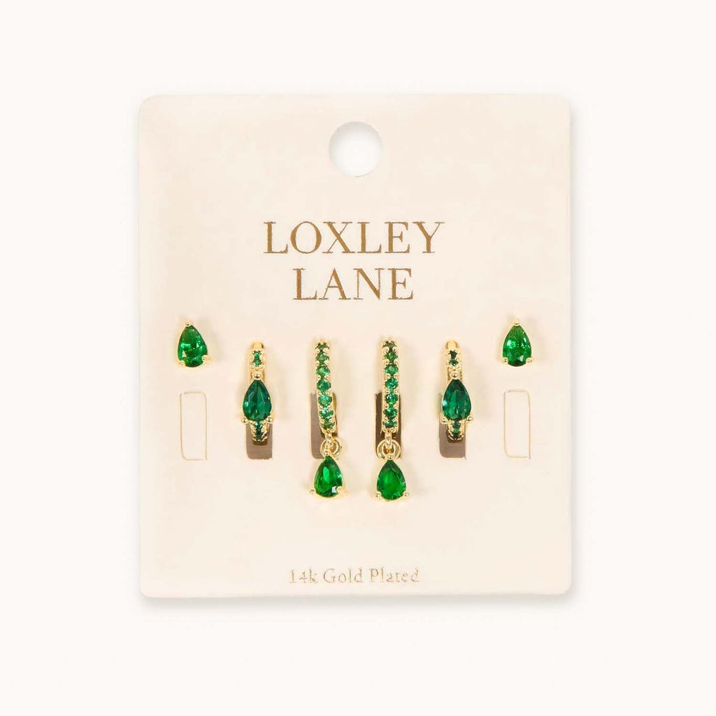 EVERYDAY EAR PARTY TEAR DROP STACK GREEN 14K GOLD PLATED