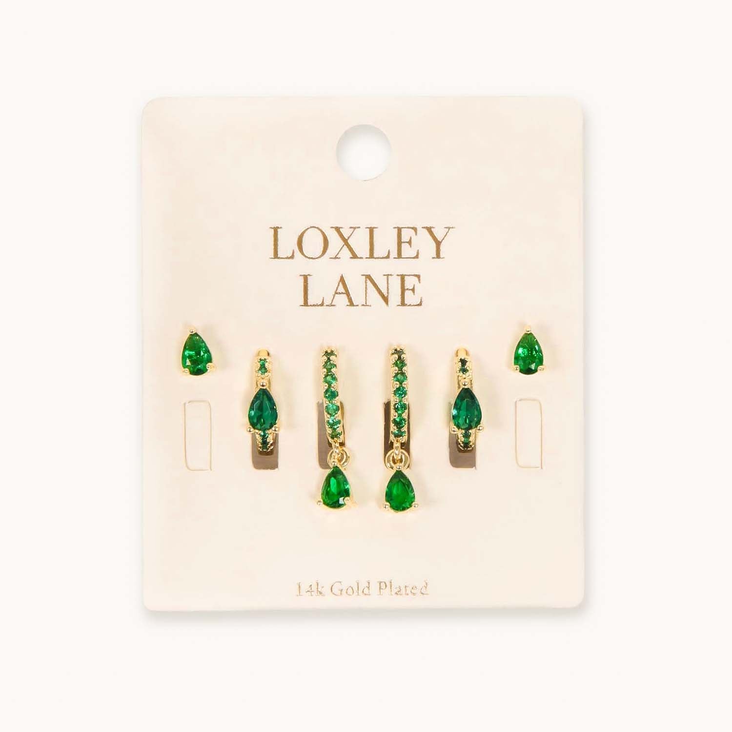 EVERYDAY EAR PARTY TEAR DROP STACK GREEN 14K GOLD PLATED