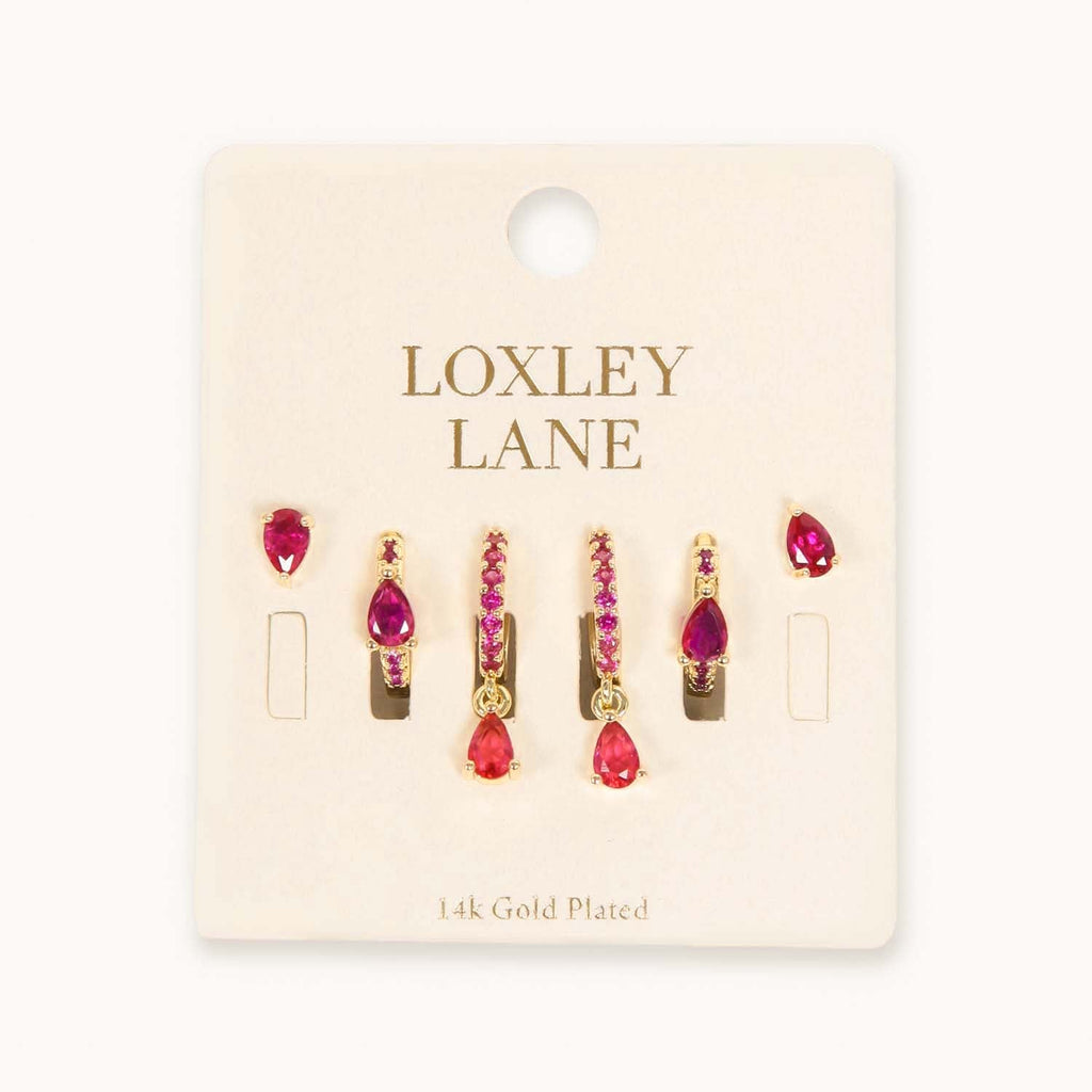 EVERYDAY EAR PARTY TEAR DROP STACK HOT PINK 14K GOLD PLATED
