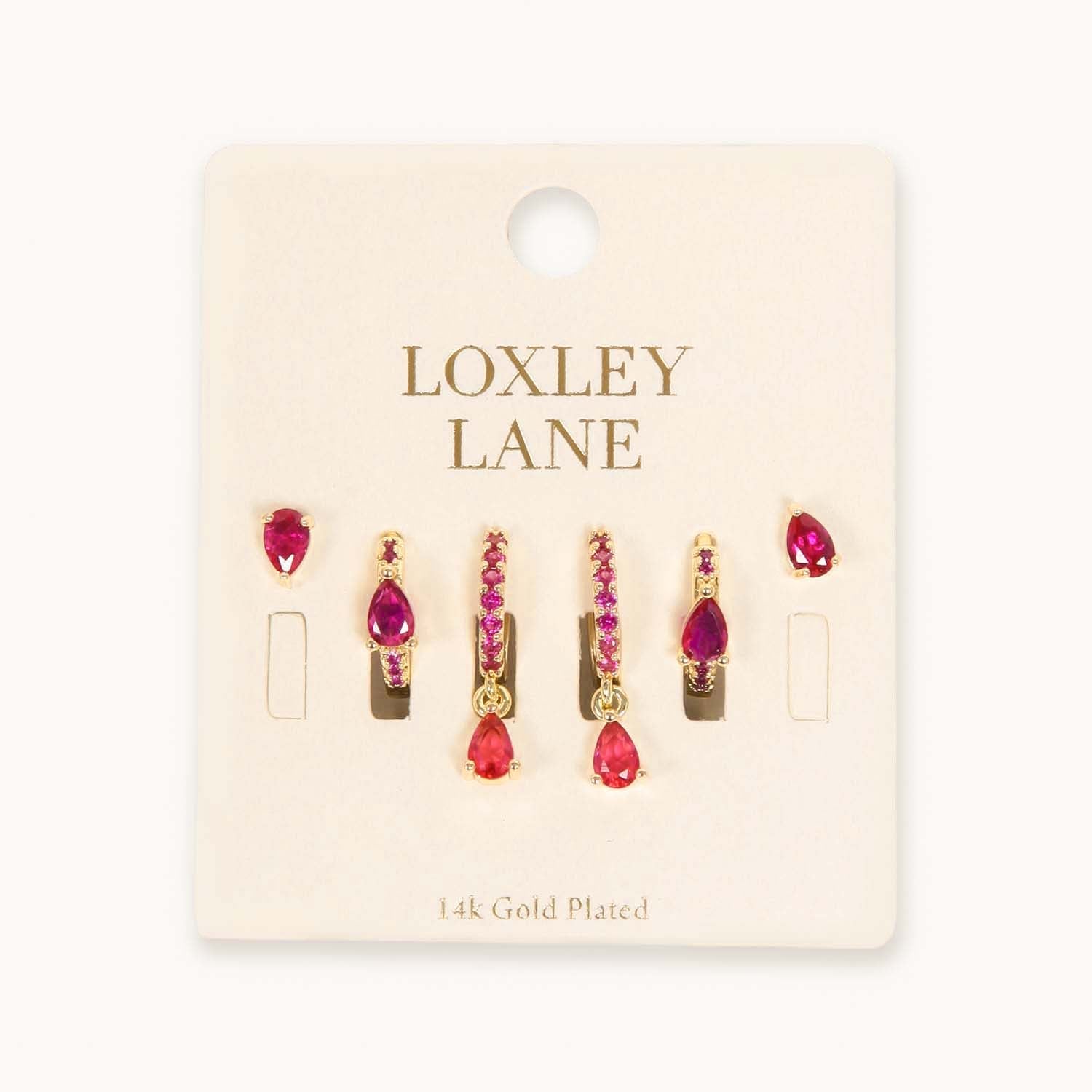 EVERYDAY EAR PARTY TEAR DROP STACK HOT PINK 14K GOLD PLATED