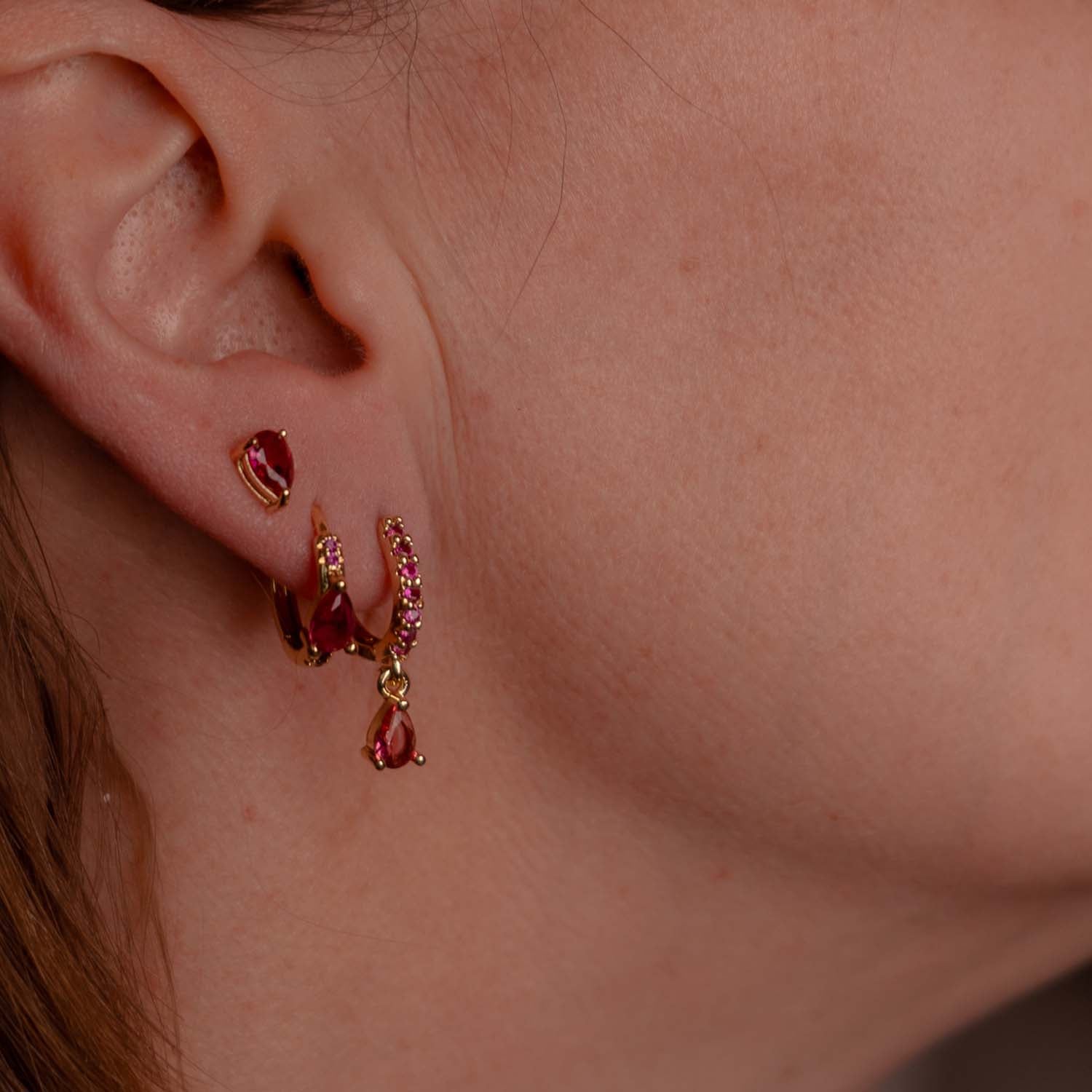 EVERYDAY EAR PARTY TEAR DROP STACK HOT PINK 14K GOLD PLATED