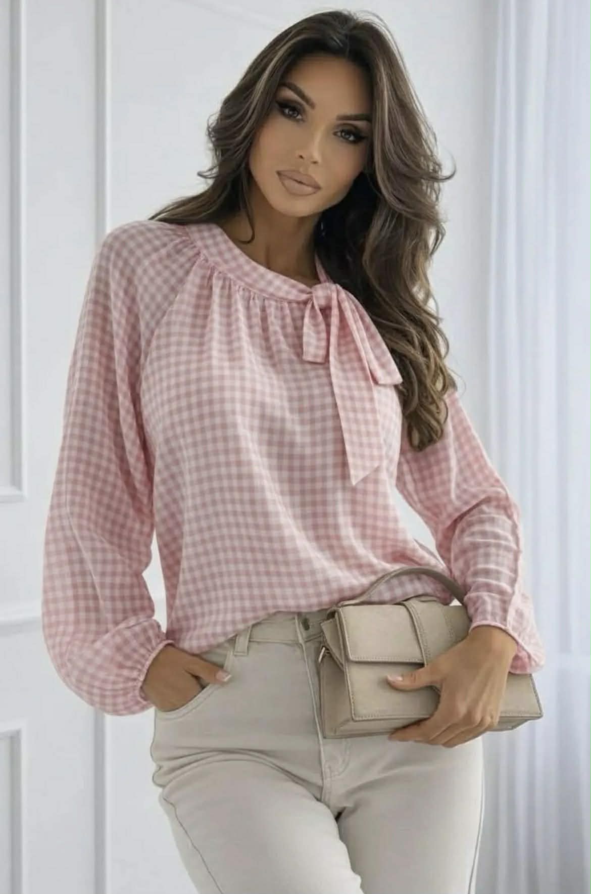 Sis Sheer Gingham Tie-Neck Blouse