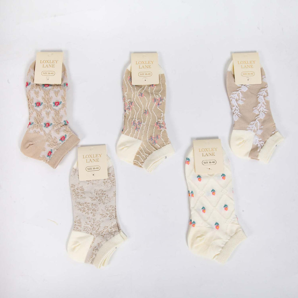 WOMENS COTTON FLORAL TRAINER SOCKS SET OF 5 ASSORTED