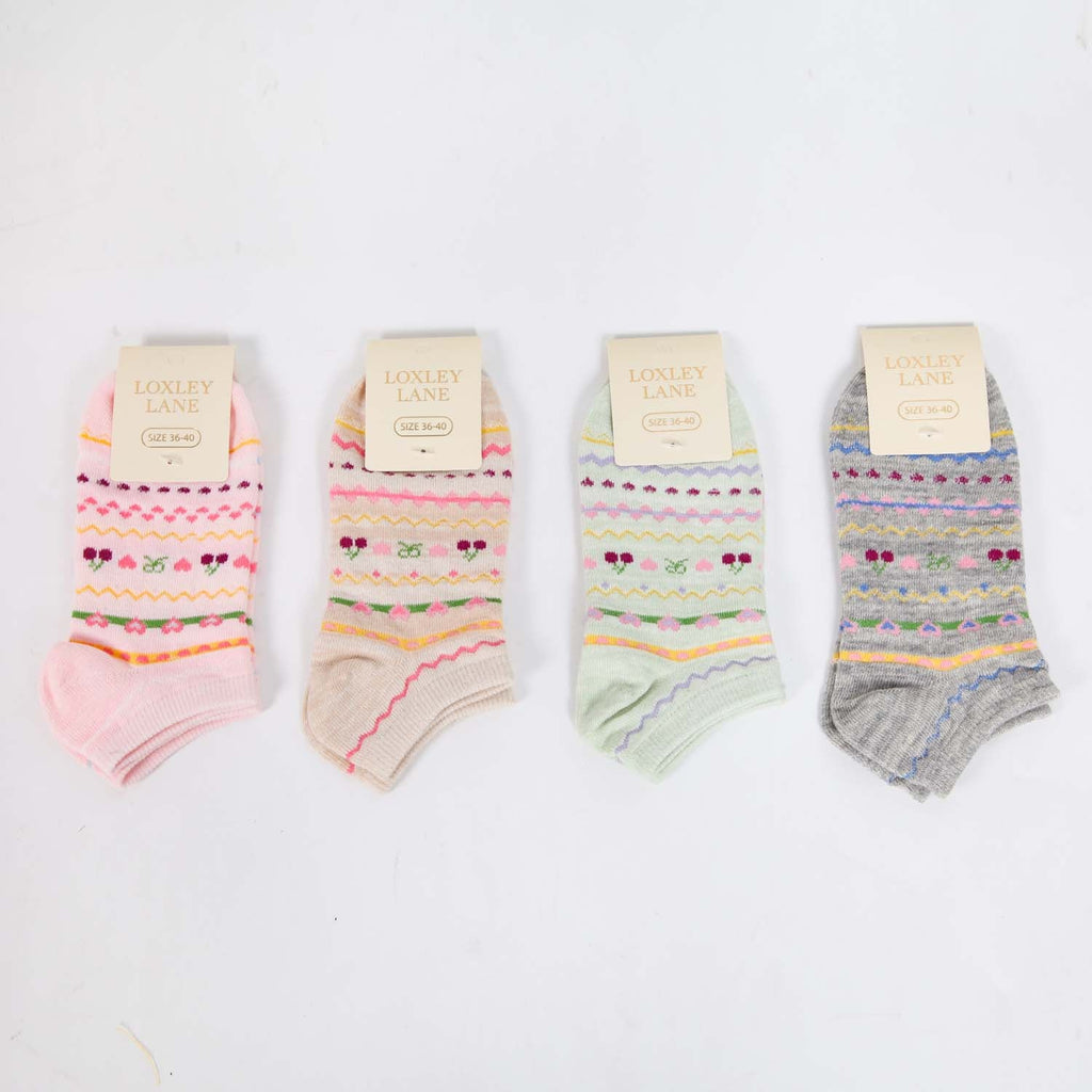 WOMENS COTTON CHERRY TRAINER SOCKS SET OF 4 ASSORTED