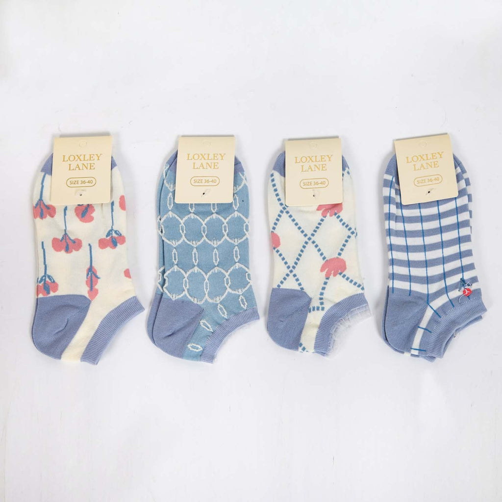 WOMENS COTTON FLORAL TRAINER SOCKS SET OF 4 ASSORTED