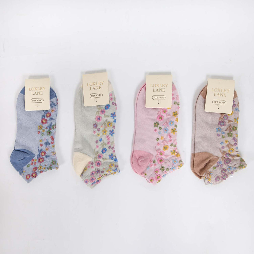 WOMENS COTTON FLORAL TRAINER SOCKS SET OF 4 ASSORTED