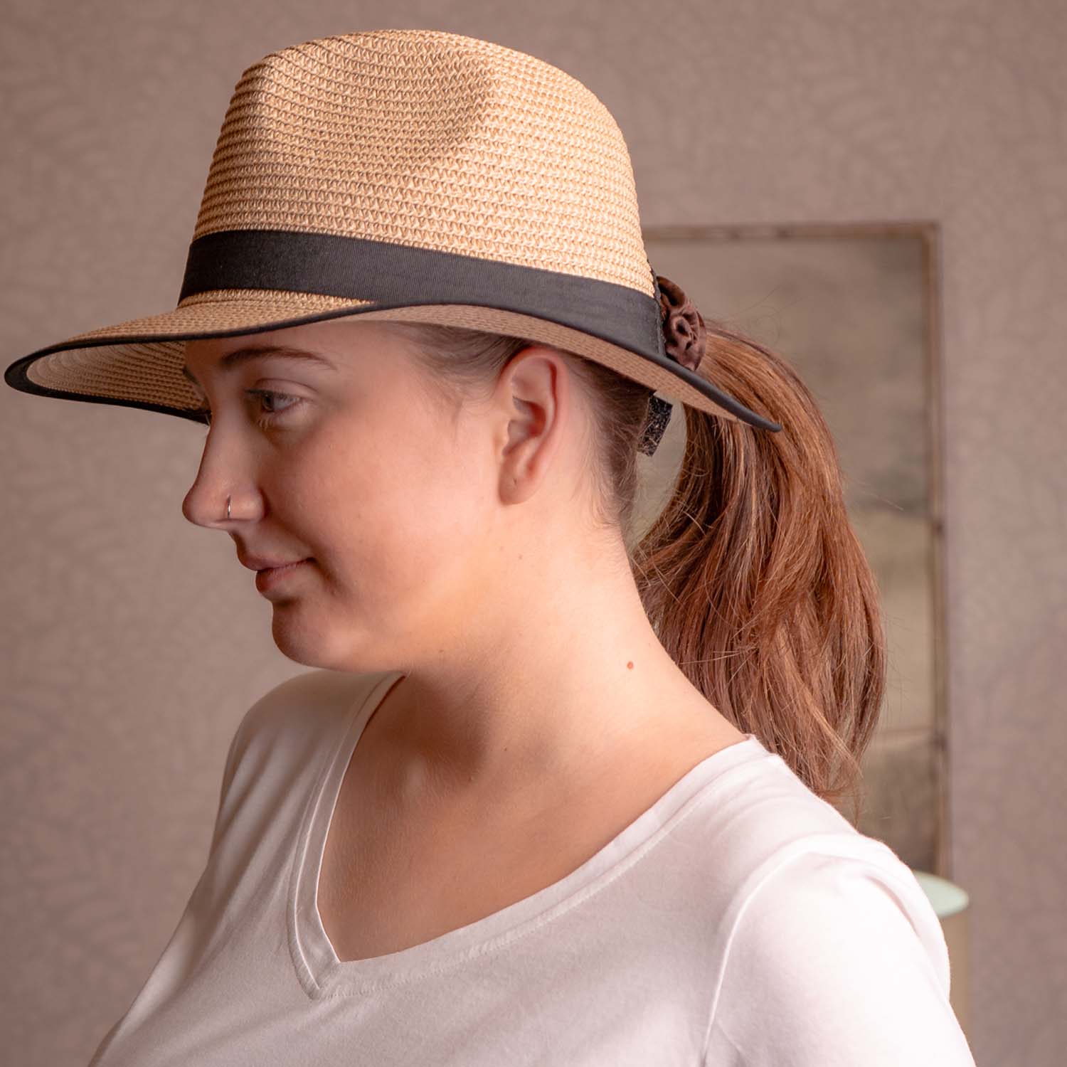 PONYTAIL STRAW FEDORA WITH ADJUSTABLE OPENING BLACK