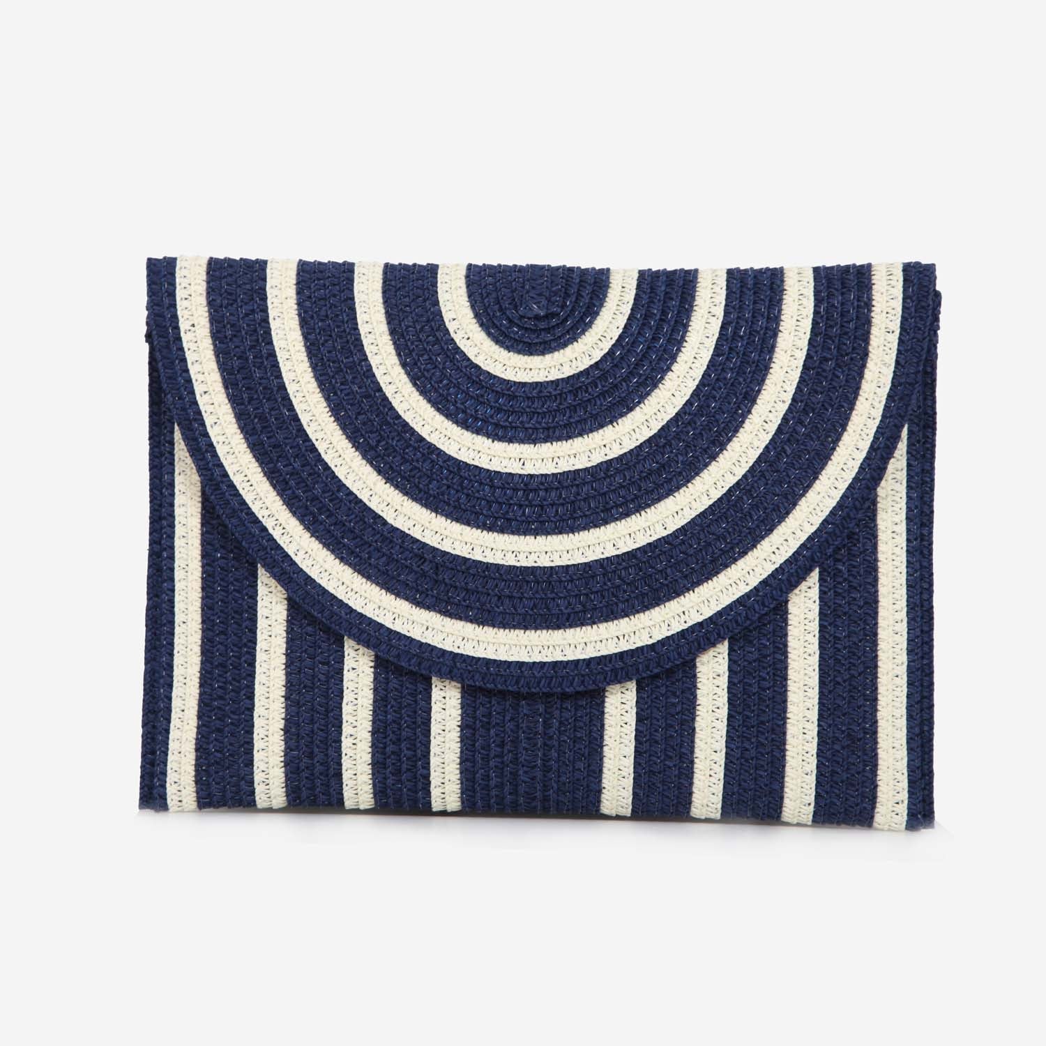 SUMMER STRAW FULLY LINED CLUTCH WITH WRIST STRAP NAVY