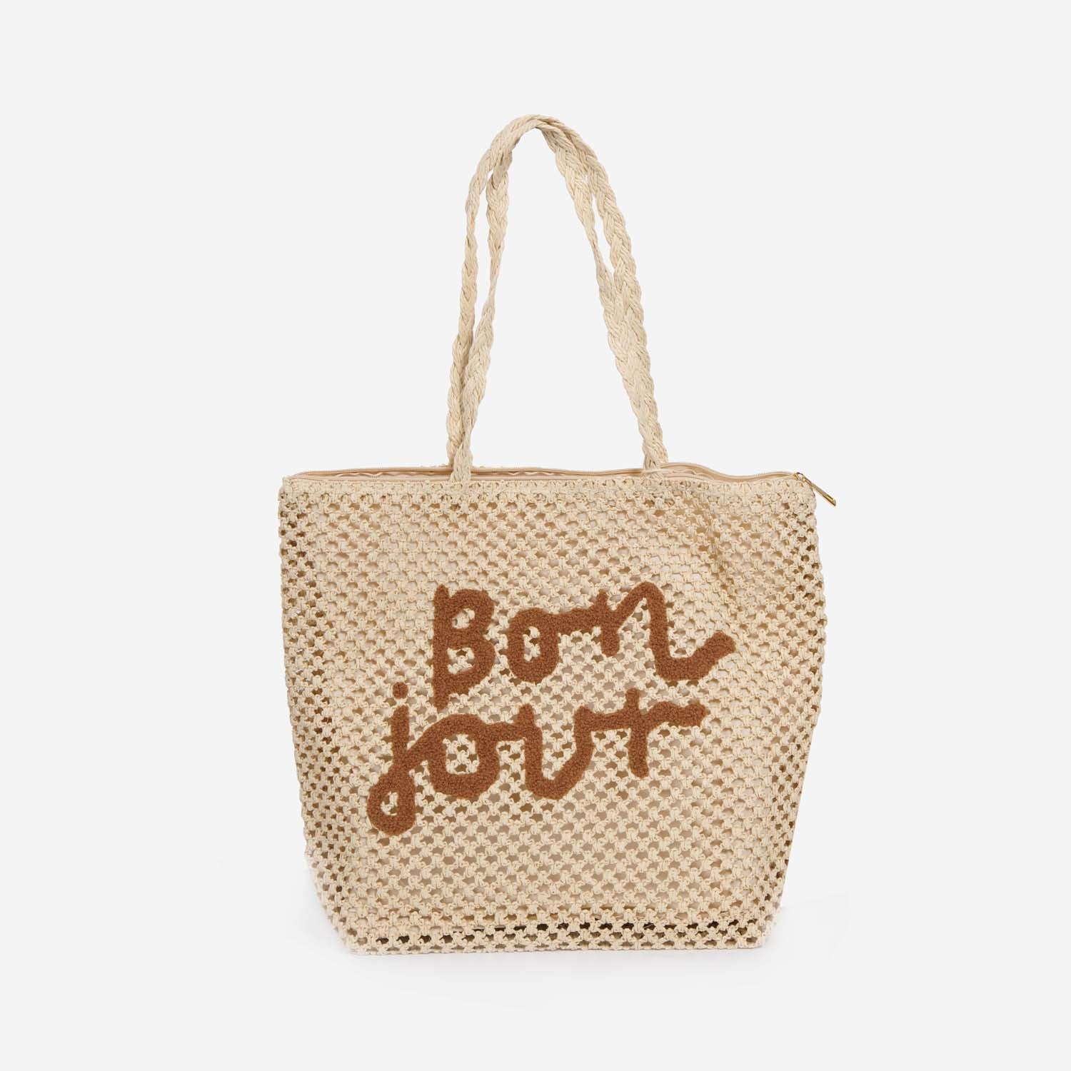 BON JOUR STRAW BEACH BAG FULLY LINED AND ZIPPED