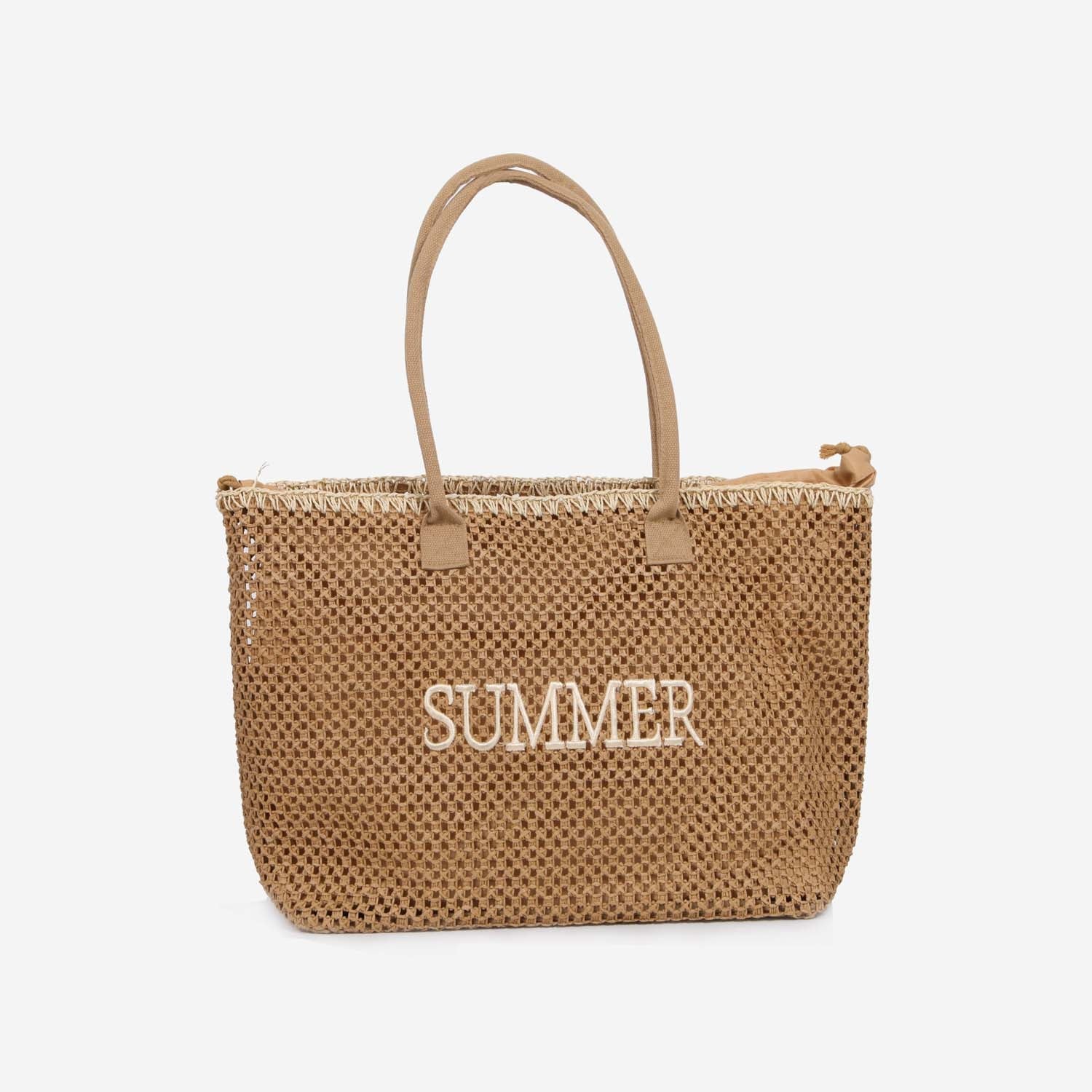 SUMMER STRAW BEACH BAG WITH LINER AND ZIPPED