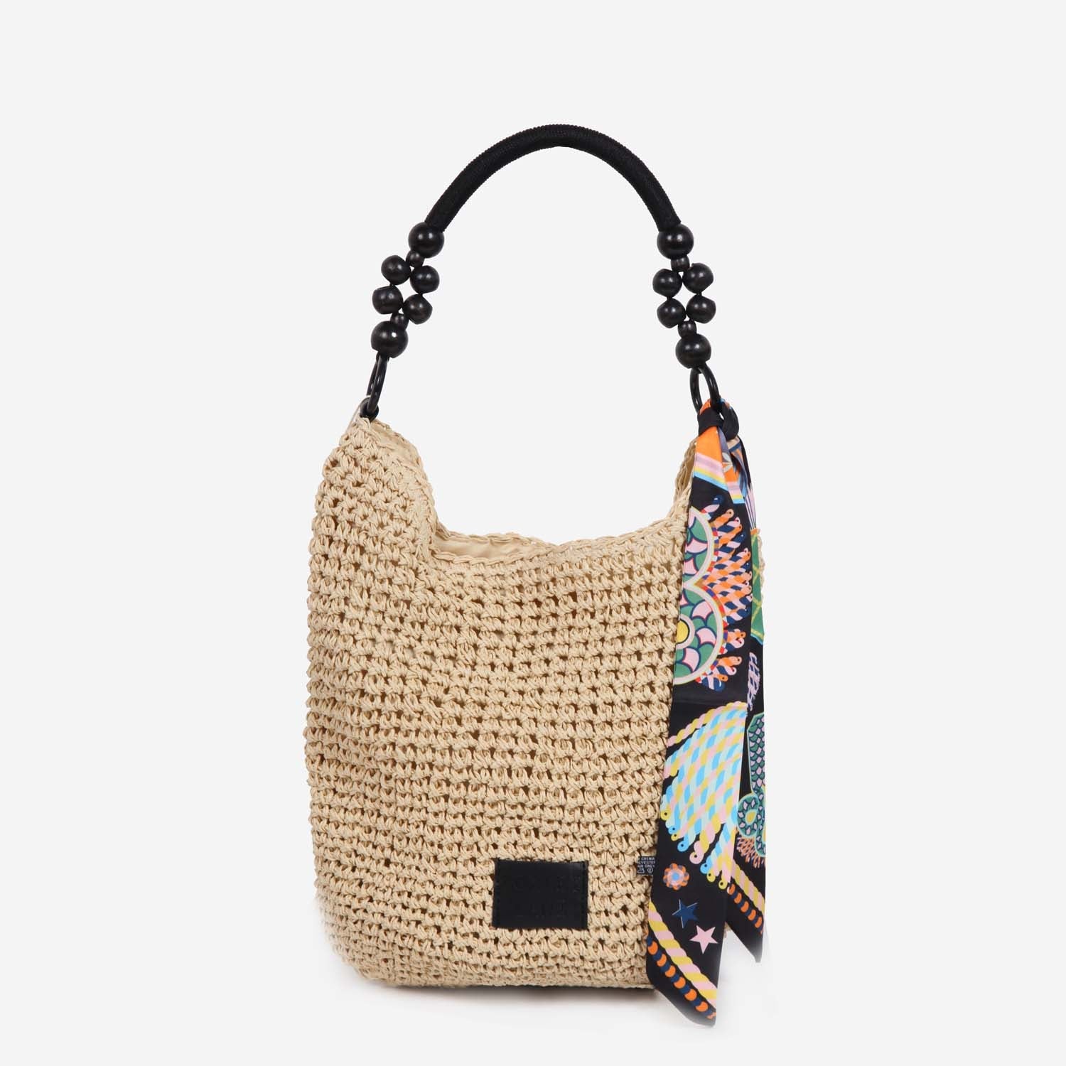 HANDMADE STRAW BEADED BAG WITH TWILLY DETAIL BLACK