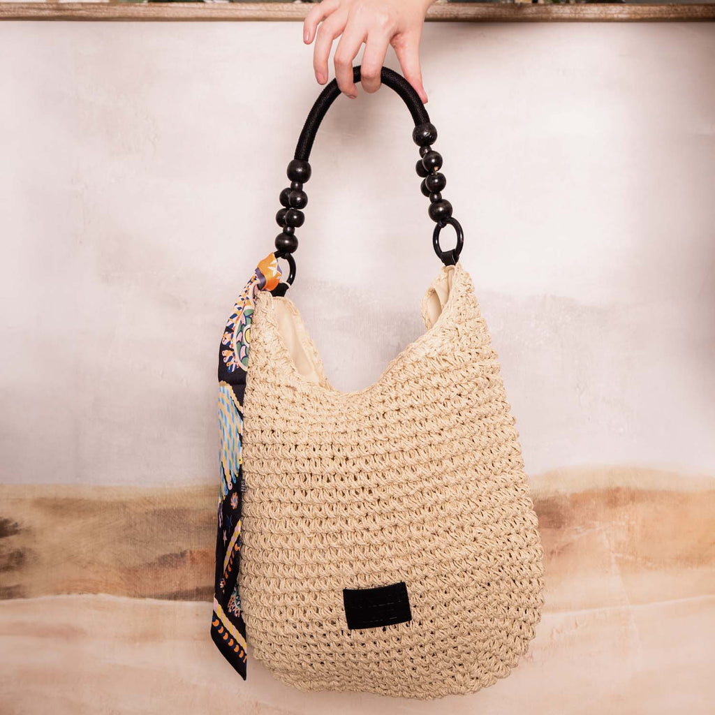 HANDMADE STRAW BEADED BAG WITH TWILLY DETAIL BLACK