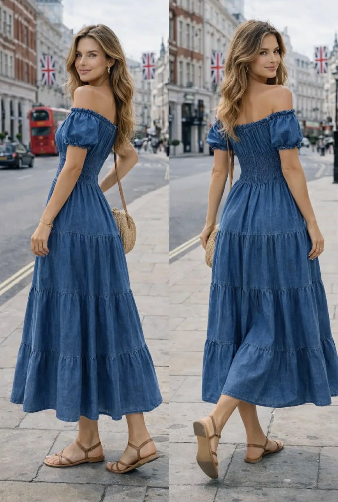 Cotton Denim Bardot Maxi Dress